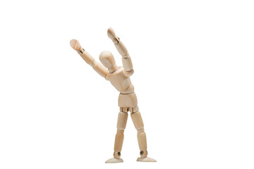 Wooden man practices yoga and fitness