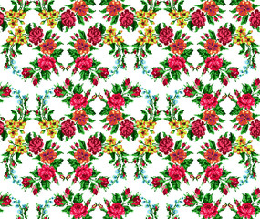 Wallpapers or textile. Color circle  bouquet of flowers (roses, chamomile and cornflowers) using traditional Ukrainian embroidery elements. Seamless. Pattern. Can be used as pixel-art.