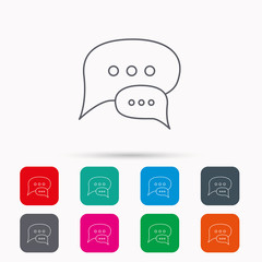 Chat icon. Comment message sign. Dialog speech bubble symbol. Linear icons in squares on white background. Flat web symbols. Vector