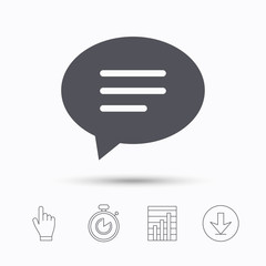 Speech bubble icon. Chat symbol. Stopwatch timer. Hand click, report chart and download arrow. Linear icons. Vector