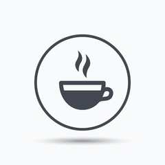 Coffee cup icon. Hot tea drink symbol. Circle button with flat web icon on white background. Vector