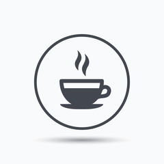 Coffee cup icon. Hot tea drink symbol. Circle button with flat web icon on white background. Vector