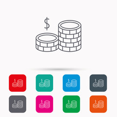 Dollar coins icon. Cash money sign. Bank finance symbol. Linear icons in squares on white background. Flat web symbols. Vector