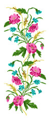 Color  bouquet of flowers (poppies,ears of wheat and cornflowers). Ukrainian embroidery elements. Hand made. Border pattern. Can be used as pixel-art.