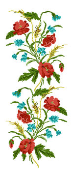 Color  bouquet of flowers (poppies,ears of wheat and cornflowers) using traditional Ukrainian embroidery elements. Border pattern. Can be used as pixel-art.