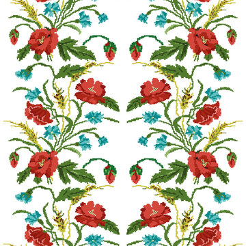 Seamless pattern.Wallpapers or textile.Color  bouquet of flowers (poppies,ears of wheat and cornflowers) using traditional Ukrainian embroidery elements.  Can be used as pixel-art.