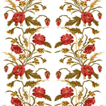 Color  bouquet of flowers (poppies,ears of wheat and cornflowers) red and brown tones. Ukrainian embroidery elements. Hand made. Seamless pattern. Can be used as pixel-art.