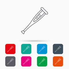 Crutch icon. Orthopedic therapy sign. Medical care equipment symbol. Linear icons in squares on white background. Flat web symbols. Vector