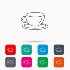 Coffee cup icon. Tea or hot drink sign. Linear icons in squares on white background. Flat web symbols. Vector