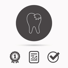 Dental fillings icon. Tooth restoration sign. Report document, winner award and tick. Round circle button with icon. Vector