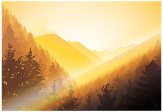 Landscape. Panorama of mountains. Yellow tones. Autumn. Rays of lights.
