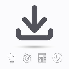 Download icon. Load internet data symbol. Stopwatch timer. Hand click, report chart and download arrow. Linear icons. Vector