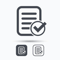 File selected icon. Document page with check symbol. Square buttons with flat web icon on white background. Vector