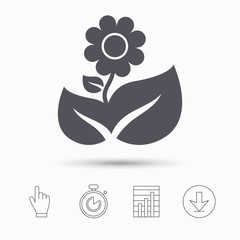 Flower icon. Florist plant with leaf symbol. Stopwatch timer. Hand click, report chart and download arrow. Linear icons. Vector