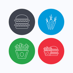 Hamburger, carrot and chips icons. Burger and chips fries linear signs. Linear icons on colored buttons. Flat web symbols. Vector