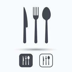Fork, knife and spoon icons. Cutlery symbol. Square buttons with flat web icon on white background. Vector