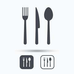 Fork, knife and spoon icons. Cutlery symbol. Square buttons with flat web icon on white background. Vector