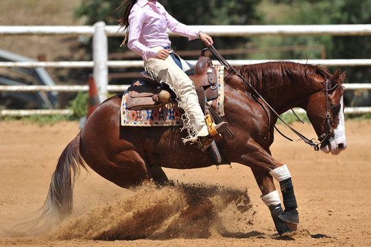 The side view of a rider in cowboy chaps and boots on a horseback running ahead and stopping the horse in the dust.