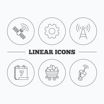 Telecommunication, minerals and antenna icons. GPS satellite linear sign. Flat cogwheel and calendar symbols. Linear icons in circle buttons. Vector