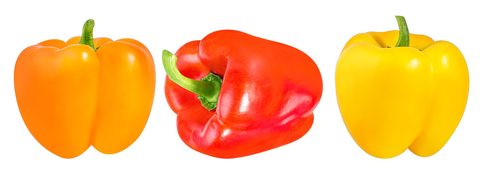 Red, Orange And Yellow Bell Peppers Isolated On White