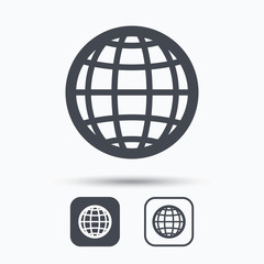 Globe icon. World or internet symbol. Square buttons with flat web icon on white background. Vector