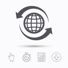Globe icon. World or internet symbol. Stopwatch timer. Hand click, report chart and download arrow. Linear icons. Vector