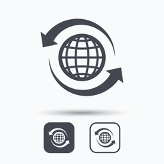 Globe icon. World or internet symbol. Square buttons with flat web icon on white background. Vector