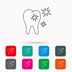 Healthy tooth icon. Dental protection sign. Linear icons in squares on white background. Flat web symbols. Vector