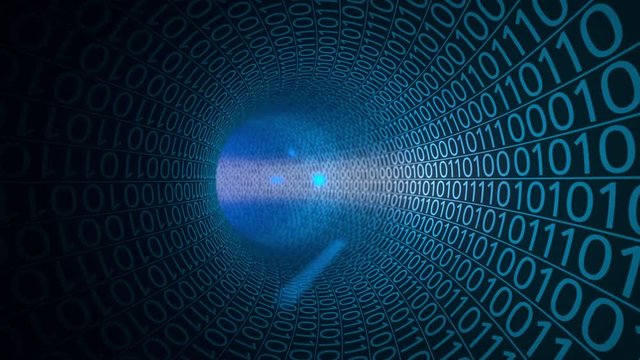 POV flight through abstract blue tunnel made with zeros and ones. Hi-tech motion background. Communication, binary data transfer, digital technologies concepts. 4K seamless loop clip