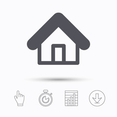Home icon. House building symbol. Real estate construction. Stopwatch timer. Hand click, report chart and download arrow. Linear icons. Vector