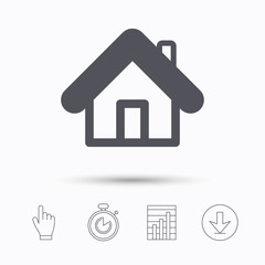 Home icon. House building symbol. Real estate construction. Stopwatch timer. Hand click, report chart and download arrow. Linear icons. Vector