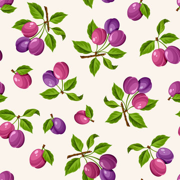 Vector seamless pattern with ripe branches of plums.