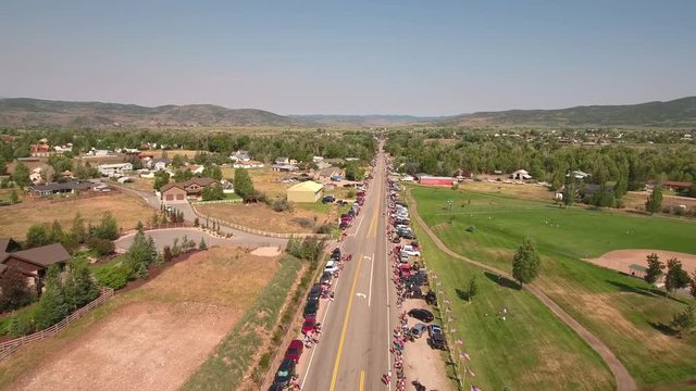 Aerial shot of families waiting for parade to start