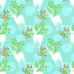 Seamless cute floral deer pattern with polka dot background