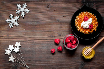 Christmas breakfast with waffles top view