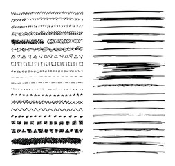Set of hand drawn line borders, scribble strokes and design elements isolated on white. Doodle style brushes. Monochrome vector eps8 illustration.