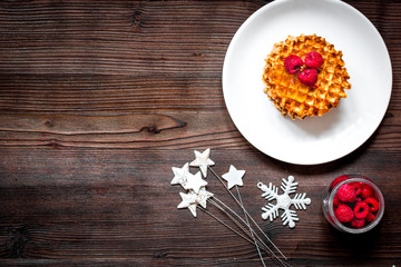 Christmas breakfast with waffles top view