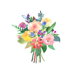 Hand drawn watercolor bouquet. Isolated elements. Design for car