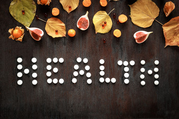 concept health - treatment with tea and medecine top view