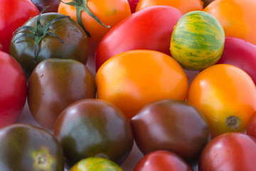 Tomatoes of different colors closeup.