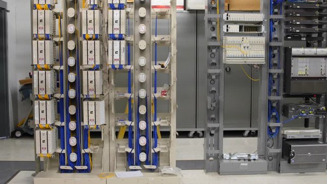 Servers inside a fiber optic telecommunications room