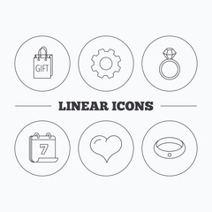 Love heart, gift bag and wedding ring icons. Engagement ring linear sign. Flat cogwheel and calendar symbols. Linear icons in circle buttons. Vector