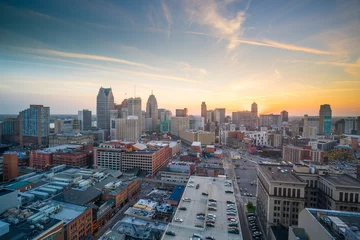 Poster Im Rahmen Aerial view of downtown Detroit at twilight © f11photo