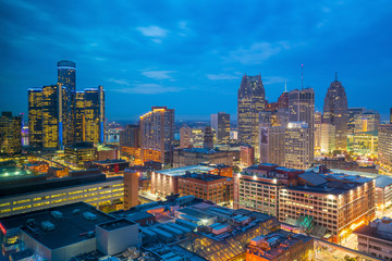 Aerial view of downtown Detroit at twilight