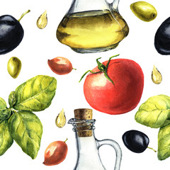 Mediterranean pattern with olives, olive oil, basil, tomato. Watercolor botanical illustration.