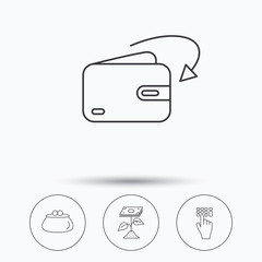 Cash money, profit and wallet icons. Receive money, enter code linear sign. Linear icons in circle buttons. Flat web symbols. Vector