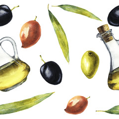 Watercolor pattern with olive oil, olives and leaves