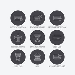 Bank credit card icons. Banking, blocked and expired debit card linear signs. Money transactions and shopping icons. Linear icons in circle buttons. Flat web symbols. Vector