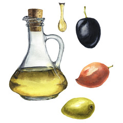 Watercolor olive set: olive oil, olives and drop of olive oil isolated on white background. Food illustration for design, background or fabric