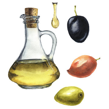 Watercolor Olive Set: Olive Oil, Olives And Drop Of Olive Oil Isolated On White Background. Food Illustration For Design, Background Or Fabric